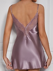 お買い得  レディース ワンジー-女性用 ナイトガウン 活発的 セクシー カジュアル ピュアカラー レース バックレス ドレス 日常 家 ベッドサイド ノースリーブ ストラップ ライトピンク ブラック シャンパン ルビーレッド パープル 夏 レギュラー