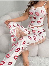 voordelige Valentijnsdag Slaap &amp; Lounge-Dames Pyjamaset Geliefden Sexy Casual Lip Gestipt Elastische taille Singlet Pantalon Dagelijks Huis Mouwloos hihnat Zwart Wit Rood Zomer Lente Strak
