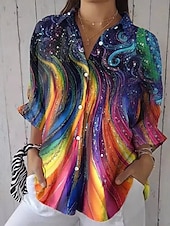 Χαμηλού Κόστους Τέχνη &amp; Σχεδίαση Μπλούζες-Γυναικεία Πουκάμισο Σουρωτά Ombre Γραφική Βίντατζ Στυλάτο Μακρυμάνικο Καμπάνα Κολάρο Πουκαμίσου Κανονικά μπλουζάκια Καθημερινά Δουλειά Αργίες Ουράνιο Τόξο Καλοκαίρι Άνοιξη Φθινόπωρο