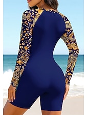お買い得  ワンピースラッシュガード-女性用 レギュラー ラッシュガード 水着 ボイレグ フラワー トロピカル風 ジッパーを閉める 取り外し式パッド フロントファスナー UVサンプロテクション UPF50+ 超軽量(UL) 長袖 スイムウェア ラッシュガード サーフィン ビーチ ウォータースポーツ 夏