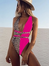 economico Costumi interi-Costume da bagno intero da donna snellente monokini leopardato controllo della pancia vita alta snella senza schienale abbigliamento da spiaggia scollatura a V senza maniche
