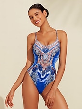 baratos trajes de banho de grife-Maiô de férias com estampa de leopardo e penas, tecido elástico de alta elasticidade e amarração nas costas.