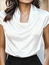 olcso Ünnepi blúzok-Női Ing elegáns Szatén felső Nyári felsők Fodrozott Kollázs Ráncolt Tömör szín Sima Elegáns Szüret Napi Rövid ujjú Aszimmetrikus Normál felsők Napi Munka Szabadság Fekete Fehér Bor Barna Nyár Tavasz
