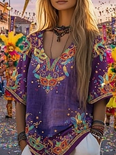 economico T-shirt Boho-Martedì grasso Per donna Maglietta bohémien Maglietta Stampato Grafico Vintage Elegante Etnico Manica Corta Scollo a V Top Regolari Quotidiano Weekend Abbigliamento da vacanza Lavanda Viola Viola