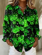 billiga Blommiga blusar-Saint Patrick's Day Dam Blus Knappar Mönster Grafisk Vitklöver Vintage Stylish Ledigt Långärmad Tröjkrage Vanliga toppar Dagligen Arbete Svart Vit Ljusgrön Grön Sommar Vår Vinter