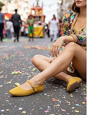 cheap Women's Flats-Women's Mardi Gras Mustard Yellow Mary Jane Flats with Square Toe – Retro Style, Comfortable Fit, Perfect for Carnival, Festivals, and Daily Wear