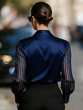 abordables Blusas Elegantes-Mujer Camisa Elegant Top de satén Blusa Frunce Encaje Retazos Color sólido Plano Elegante Vintage Diario Manga Larga Cuello Camisero Tops regulares Diario Trabajo Festivos Negro Blanco Rojo Azul Real