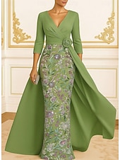  A-Linie Schlauchkleid Bodenlang Perlenbestickt Abendkleid Kleid der Brautmutter Abendkleid Ballkleid mit Überrock Festliche Kleidung Elegant Glitzernd seidig Dreiviertelarm V Ausschnitt Hochzeit