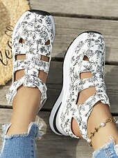 billiga Sport Sandaler-Svartvita blommiga sportsandaler för kvinnor – ihåliga promenadskor med sluten tå och kilformad sula för sommarresor och utomhusaktiviteter