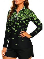 abordables Chemise pour femmes-Saint Patrick Femmes Dégradé Trèfle Sweat-shirt Sweat-shirt polo Hauts Chemise manche longue Fermeture éclair Imprimé Quart de zip UPF50+ Résistant aux UV Élastique Respirant Volley-ball Tennis Le