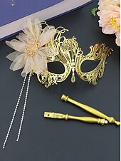 tanie Akcesoria-Złota maska do balu maskowego weneckiego z filigranem i ozdobnym kwiatem – elegancki dodatek do kostiumu weneckiego na imprezy i bale