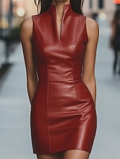 رخيصةأون فستان بسيط-نسائي فستان قصير لباس غير رسمي فستان شيث فستان من الجلد عتيق موضة الحديث مناسب للبس اليومي عطلة مناسب للخارج عادي سهل بدون كم مرتفعة أحمر الصيف الربيع