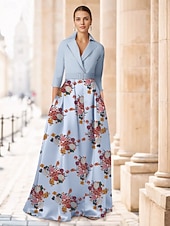 זול אורך רצפה-גזרת A עד הריצפה שמלת אורח לחתונה שמלה רשמית שמלת פלייר שמלה לאם הכלה  חצי שרוול צווארון חולצה אלגנטית בלוק צבע פיצול גבוה חתונה רשמי סאטן עם הדפס פרחוני שסע