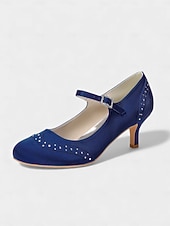 economico Madre della Sposa/Sposo-Mary Jane in raso blu navy da donna: eleganti scarpe da sposa con borchie di cristalli e tacco a gattino per la madre della sposa, cerimonie in chiesa ed eventi formali