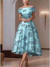 preiswerte Cocktailkleider-A-Linie Tee-Länge Cocktailkleider Partykleider Vintage Party Glitzern Ärmellos Schulterfrei Abschlussball Geburtstag Satin mit Glitzer Blumenmuster
