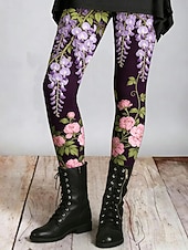 abordables -Mujer Polainas Leggings cómodos Vacaciones Casual Longitud total Alta cintura Floral Graphic Estampado Comodidad Cómodo Elástico Casual Diario Vacaciones Morado Verano Primavera Otoño Ajustado