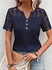 abordables Tops de Encaje-Mujer Blusa Tops de encaje Encaje Retazos Botones Plano Casual Manga Corta Escote en Pico Tops regulares Diario Festivos Noche Azul Marino Verano Primavera
