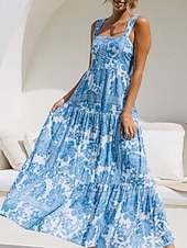 tanie Sukienki kwiatowe-Damskie Sukienka maxi Sukienka A line Sukienka na ramiączkach Urlop Codzienny Na zewnątrz Wyjściowe Luźna Kwiaty Graficzny Bez rękawów Cienkie ramiączka Niebieski Błękit nieba Pomarańczowy Zielony