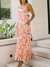 tanie Sukienki kwiatowe-Damskie Sukienka maxi Sukienka A line Sukienka na ramiączkach Urlop Codzienny Na zewnątrz Wyjściowe Luźna Kwiaty Graficzny Bez rękawów Cienkie ramiączka Niebieski Błękit nieba Pomarańczowy Zielony