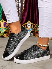 お買い得  女性の靴-ウィメンズ・マルディグラ・ゴールドグリッターのスパークリースニーカー、メタリックトーキャップ付き – カーニバル、ニューイヤーズイブ  カジュアルグラム用のブリングレースアップフラットシューズ