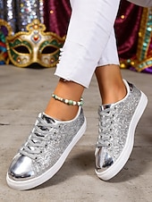 お買い得  女性の靴-ウィメンズ・マルディグラ・ゴールドグリッターのスパークリースニーカー、メタリックトーキャップ付き – カーニバル、ニューイヤーズイブ  カジュアルグラム用のブリングレースアップフラットシューズ