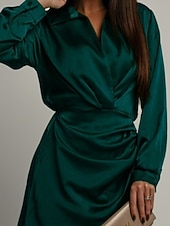 abordables mini robe noire-Femmes Mini Robe Robe en Satin Robe Chemise Robe froncée Moderne Quotidien Sortir Week-end Coupe régulière Uni manche longue Col de chemise Noir Vert foncé Marron Rose rouge Printemps Automne
