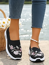 Χαμηλού Κόστους Γυναικεία Sneakers-Γυναικεία πράσινα slip-on αθλητικά παπούτσια με κέντημα λουλουδιών – αναπνεύσιμα πλεκτά παπούτσια για περπάτημα σε εξωτερικούς χώρους, ταξίδια και θηλασμό