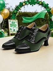  Γυναικεία πράσινα και μαύρα παπούτσια με τακούνι και κορδόνια – vintage σχέδιο με κονκάρδες στα δάχτυλα και στυλ Αγίου Πατρικίου, ιδανικά για εορταστικές εκδηλώσεις και γιορτές.