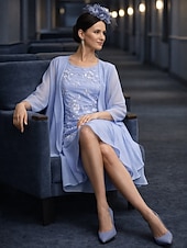 זול ערכות שמלות של אמא-שני חלקים מעטפת עמוד באורך הקרסול שמלת אורח לחתונה שמלה לאם הכלה  ללא שרוולים עם תכשיטים אלגנטית אורחת חתונה מסיבת החתונה שיפון תחרה שמלות ז'קט עם אפליקציות