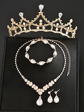 baratos Casamento ACC-Conjunto de joias de noiva com cristais para mulheres - tiara de 3 peças e colar em formato de gota. &amp;Pulseira de noiva estilo princesa com strass brilhantes. &amp;cerimônias de casamento