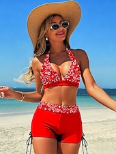 tanie Zestawy bikini-Dwuczęściowy strój kąpielowy dla kobiet bikini z wysokim stanem bez pleców wakacyjna odzież plażowa grafika paisley dekolt w kształcie litery V bez rękawów