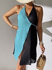 preiswerte Strandkleider-Damen Cover Up Badeanzug Kleid Patchwork Urlaubs Strandbekleidung Uni-Farbe V-Hals Ärmellose Badeanzüge