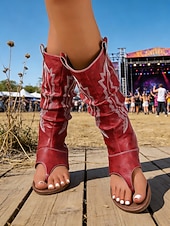 preiswerte Cowboy &amp; Western Stiefel-Rote Boho-Western-Stiefeletten für Damen mit offener Zehenpartie und Stickereien – perfekt für Musikfestivals und legere Outdoor-Veranstaltungen