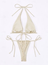 tanie Zestawy bikini-Kostium kąpielowy dwuczęściowy bikini dla kobiet stringi wąski odsłonięty tył wakacyjny strój plażowy jednolity kolor dekolt na szyję bez rękawów