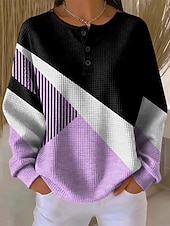 economico Felpe a Strisce e Geometriche-Per donna Felpe con cappuccio Bottoni Grafico Geometrico Blocco di colori Moda Casual Stampa Manica Lunga Girocollo Top Regolari Casuale Streetwear Blu Viola Verde Kaki Autunno Inverno