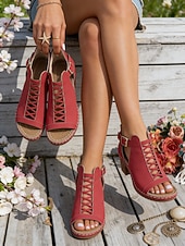voordelige Hakken Sandalen-Rode damessandalen met dikke hak en ritssluiting, opengewerkt ontwerp, perfect voor tuinfeesten en casual gelegenheden.