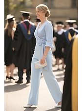 economico Tute della mamma-Tute Lunghezza al pavimento Tuta Abito da cerimonia per signora Mezza Manica Scollo a V Elegante Formale Ospite di nozze Laurea Raso Crepe Elasticizzato con Fiocco/Fiocchi