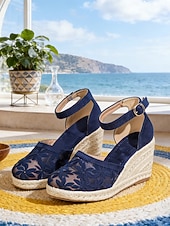ieftine Espadrile-Sandale tip espadrilă cu platformă pentru femei, din dantelă – plasă florală respirabilă, stil elegant de vară, design confortabil cu bareta la gleznă pentru vacanțe la plajă, ieșiri casual &amp;purtare