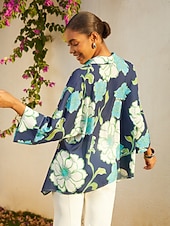 economico camicie, top e camicette-camicia corta in chiffon con stampa floreale verde da vacanza
