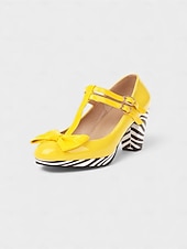 baratos Sapatos femininos-Sapatos Elegantes de Salto Chunky com Fivela em Laço de Carnaval Diário Femininos de Mardi Gras em Preto Branco e Amarelo com Bico Redondo