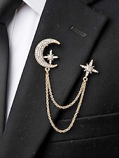 abordables Mariage ACC-Broche pour homme en alliage de faux diamants en forme de lune et d'étoile, disponible en or et en argent, parfaite pour les mariages et les événements formels.