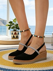 preiswerte Keilsandalen-Schwarze Slingback-Keilsandalen für Damen – bequeme Espadrille-Sandalen mit Strassriemen, perfekt für Urlaub, Strand und lässige Sommerausflüge