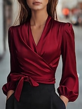 ieftine Bluze elegante-Pentru femei Cămașă Elegant Top din satin Bluză Cu Șiret Simplu Elegant Stilat Manșon Lung În V Topuri obișnuite Zilnic Muncă Concediu Negru Roșu Vin Trifoi Caisă Vară Primăvară Toamnă