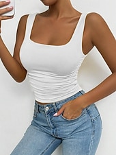 baratos Plain Tank-Women's Camisole Tank Top Solid Color Stylish Casual Sleeveless Square Neck Regular Tops Daily White Yellow Wine Red Royal Blue Summer