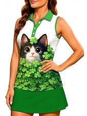  St. Patrick Women's Cat Plants Clover Workout Tank Top Shirt Sport Shirt Golf Polo Shirt Sleeveless Sporty UPF50+ UV Resistant Trainer Dancing Breathable Tennis Badminton Pickleball Fold-over Collar