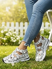 billiga Sport Sandaler-Svartvita blommiga sportsandaler för kvinnor – ihåliga promenadskor med sluten tå och kilformad sula för sommarresor och utomhusaktiviteter