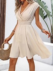 abordables Robe Simple-Femmes Mini Robe Robe trapèze Robe d'été Occasionnel Quotidien Coupe régulière Uni Manche Courte Col en V Abricot Été
