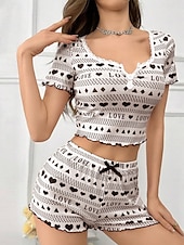 economico Pigiami e Lounge San Valentino-Per donna Set Pigiama Casual Comfort Cuore Elastico in vita Shorts Quotidiano Casa Manica Corta Scollo a V Nero Rosso Estate Primavera Vestibilità aderente