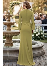  Sheath Column Floor Length Satin Dress Wedding Guest Dress Formal Dresses Mother of the Bride Dress Long Sleeve V Neck Elegant Simple Formal Wedding Guest Satin with Pleats Ruffles