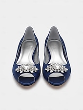 cheap Mother of Bride/Groom-Women's Navy Blue Peep-Toe Flats with Rhinestone Embellishments – Elegant Satin Shoes for Weddings, Parties, and Formal Events